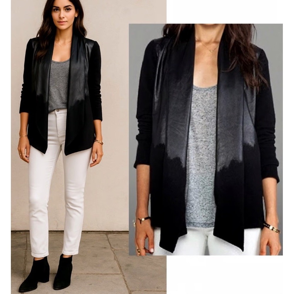 Alice+Olivia black Lambs leather Wool Open Front color block Jacket Size S
